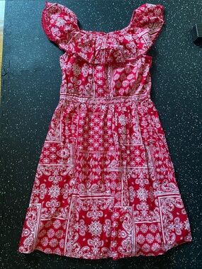 Faded Glory Red Bandana Print Ruffle Neck Dress